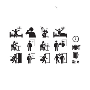 Morning routine stick figure icon vector set showing daily schedule activities like waking up eating breakfast brushing teeth showering and going to work