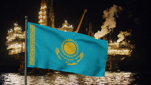 Kazakhstan Flag Waving with Illuminated Offshore Oil Rig at Night. AI Generated.