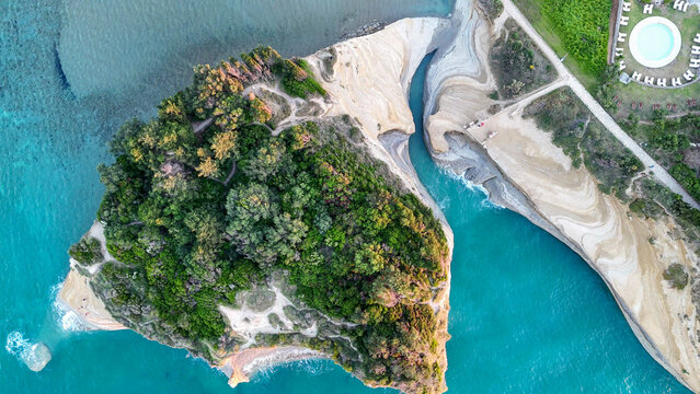 Aerial view of Canal d&rsquo;Amour cliffs and sea at sunset in Corfu.
