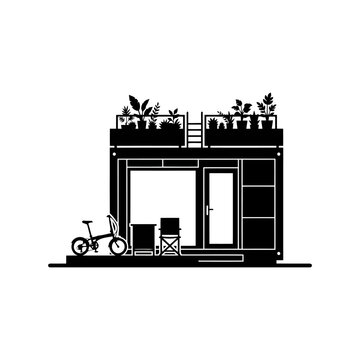 Minimalist modern container house silhouette with rooftop garden and bicycle for sustainable small living concept.