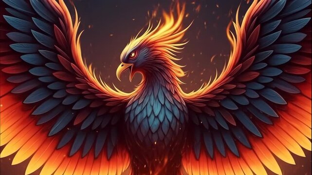 Phoenix spreads its wings amid flames, symbolizing rebirth and renewal in a dramatic fantasy illustration