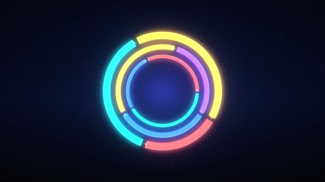 Abstract colorful concentric rings rotating and changing color in a dark starry background representing a futuristic digital interface or data visualization
