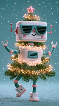 cool robot with sunglasses and tree costume celebrating christmas illustration