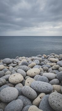 Moody pebble beach seascape with smooth porous stones, calm ocean horizon, and overcast sky, serene coastal background for travel, wellness, nature, and minimalist design