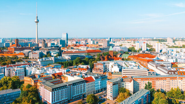 Aerial view of downtown East side of Berlin Mitte district, Germany