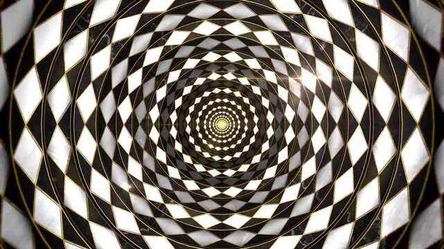 Infinite Circle Checkerboard - Abstract Geometric Tunnel Loop with Marble and Golden Lines