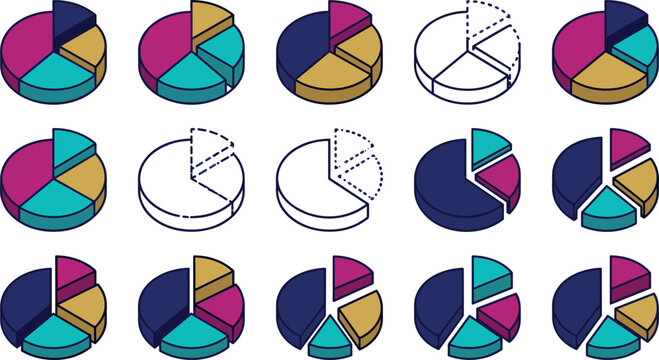 Isometric Pie Chart Icon Collection with Exploded Segment Layouts and Data Diagrams for Financial Infographics Business Analytics and Presentation Designs