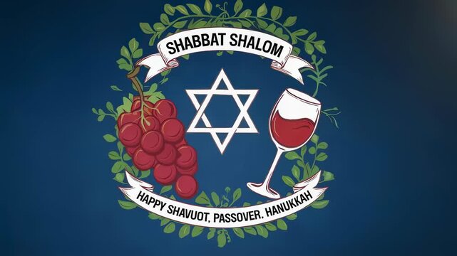 Jewish holiday greeting emblem with Star of David, wine and grapes. Shabbat Shalom design celebrating Shavuot, Passover and Hanukkah