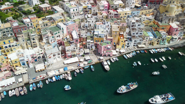 Majestic drone view of Procida old town on sunny summer day
