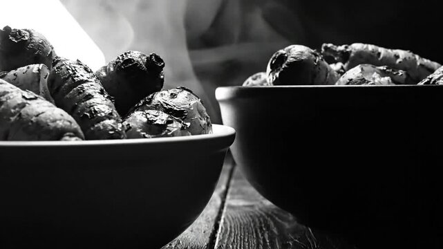 Black and white close up of two bowls filled with freshly harvested root vegetables with steam against a wooden surface
