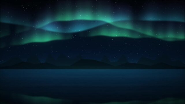 Mesmerizing Aurora Borealis Dancing Over Calm Water and Mountain Silhouette Under Starry Night Sky