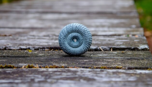 Ammonite fossil shell showing fibonacci spiral on wood
