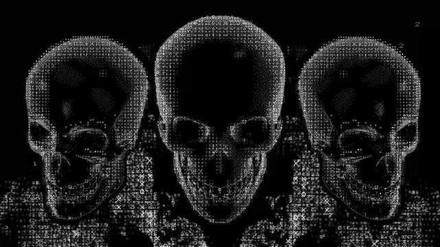 Three ASCII Text Skulls in a Row on Black Loop