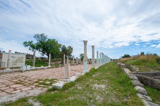 Ancient City of Side. This photograph shows the remains of the Vespasian Fountain and the Monumental Entrance Gate.
