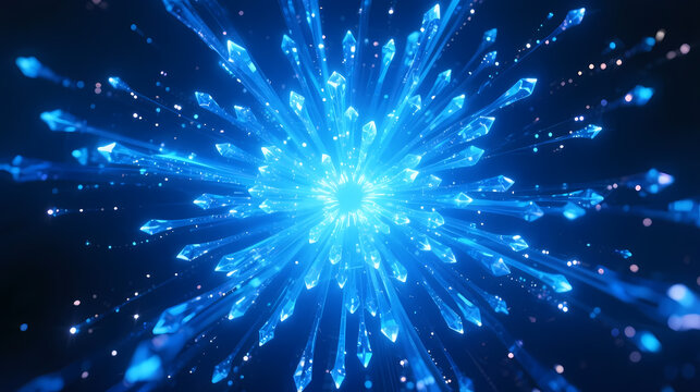 Blue light particles exploding in dark space