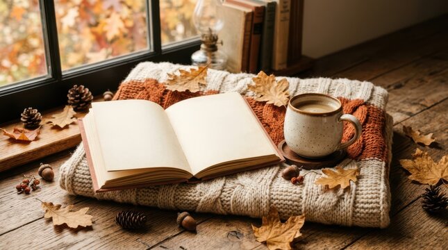 Open notebook and coffee cup on knitted blanket with autumn leaves