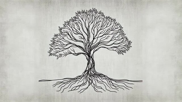 Intricate tree of life drawing with spreading branches and exposed roots. Nature, growth, family heritage and ecological connection concept