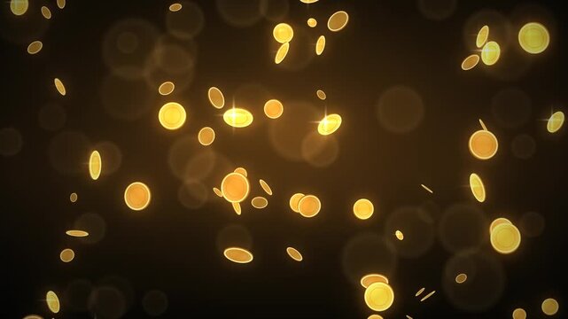 Golden coins falling and sparkling in a dark background with bokeh effect, representing wealth and success