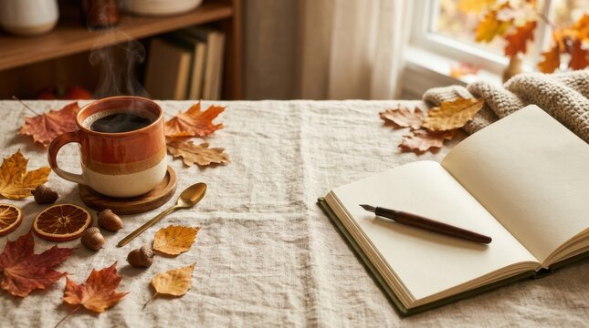 Open notebook with fountain pen and coffee mug on a rustic fall table