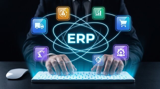 ERP platform visual showing centralized system for enterprise resource planning, improving integration, data flow, business efficiency, finance, inventory, and human resources. Elide 
