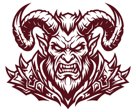 Horned Demon Head Tattoo and Mascot Logo Vector Illustration, Angry Demon Face with Ram Horns Tribal Tattoo Design, Aggressive Devil Head with Curved Horns Tattoo Emblem Design