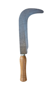 A traditional vintage garden billhook sickle is displayed on a white background. The sickle has a curved blade and a wooden handle. This tool is used for gardening tasks.