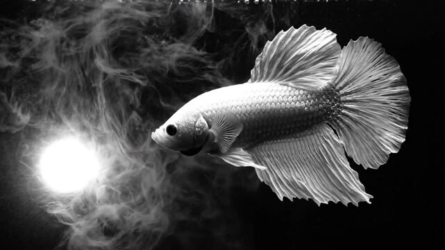 Graceful White Betta Fish Gliding in an Underwater World with Dramatic Light and Smoke Effects