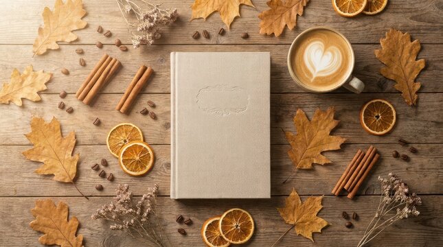 Closed book with autumn leaves and coffee cup on wooden background