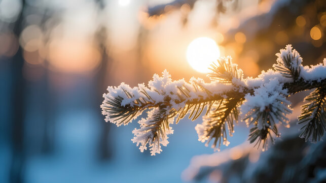 Frosted pine branch at sunset