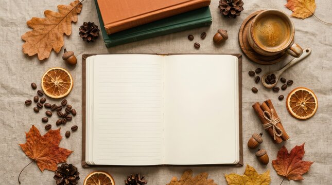 Open notebook with blank pages surrounded by autumn leaves and coffee