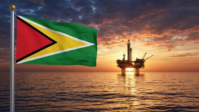 Guyana Flag Waving with Offshore Oil Rig at Sunrise. AI Generated.