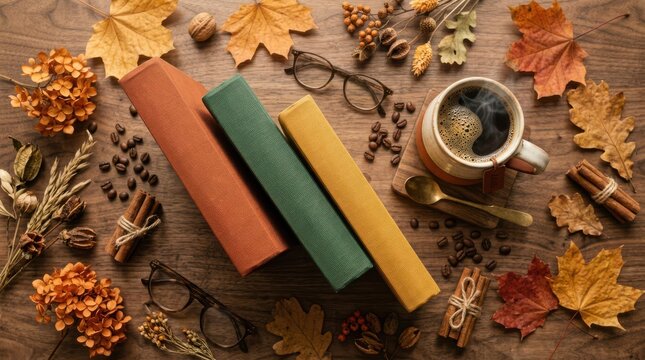Three colorful books and glasses with coffee and autumn leaves