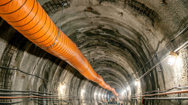 Tunnel construction with large orange ventilation duct in deep underground, essential infrastructure engineering project.