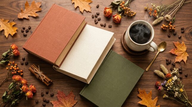 Top view of open book and cup of coffee on rustic wooden table with autumn
