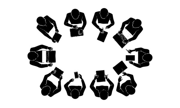 Top View Business People Working Around Table.