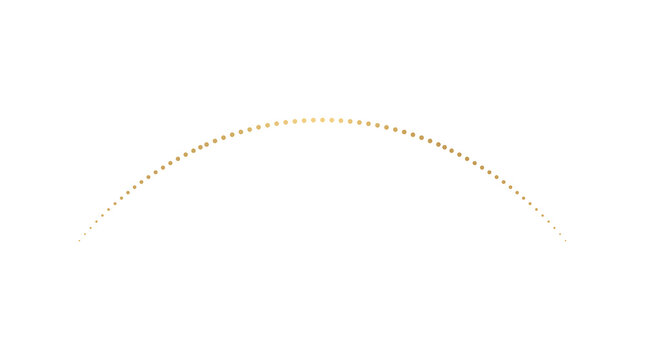 Minimalist gold dotted arc design element with a symmetrical gradient curve isolated on a plain background