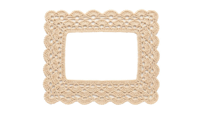 Beige handmade crocheted lace picture frame border isolated on transparent background