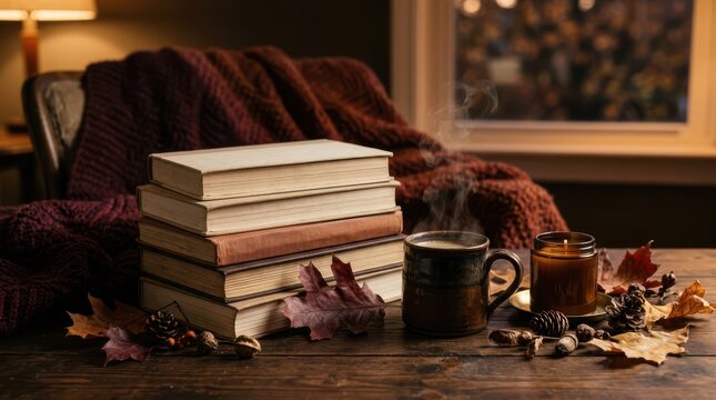 Stack of old books with a hot coffee mug on a rustic wooden table