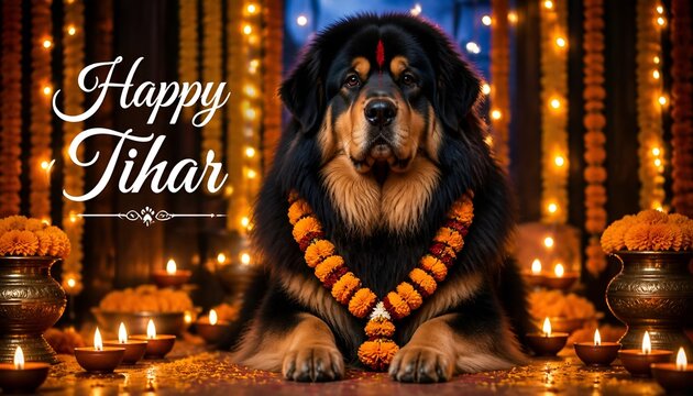 Kukur Tihar dog worship with marigold garland and diyas