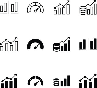 Set of business and finance icons featuring bar charts growth graphs speedometers and coin stacks for data analysis