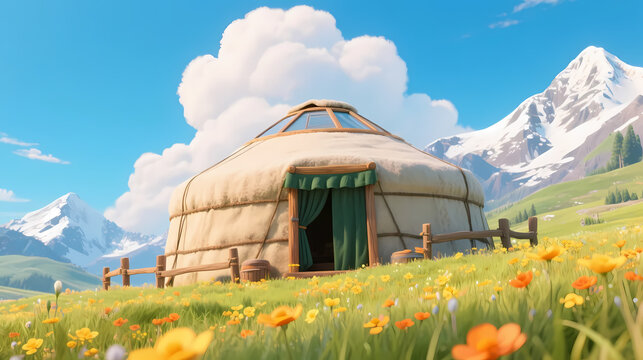 Traditional white yurt with green curtains on flowered meadow