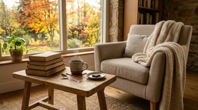 Comfortable reading armchair with a cozy blanket in a bright living room