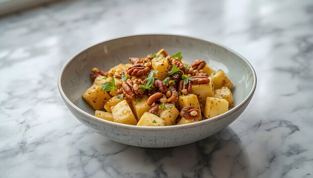 roasted celeriac salad with bowl and background