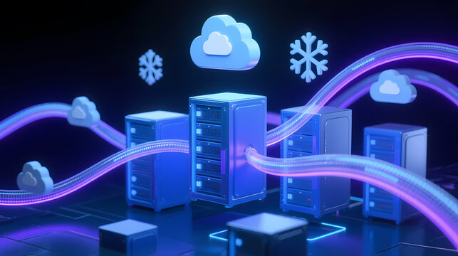 Blue server racks in futuristic space