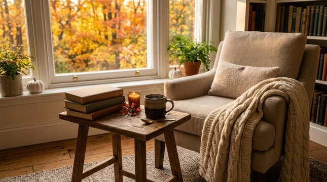 Cozy living room with an armchair and a small table with books and coffee