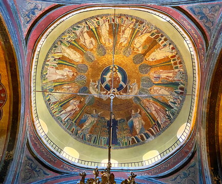 A captivating upward view of the "Ascension of Christ" dome mosaic in the ancient Byzantine Church of Hagia Sophia in Thessaloniki.