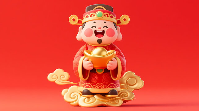 Smiling cartoon caishen holding gold ingot