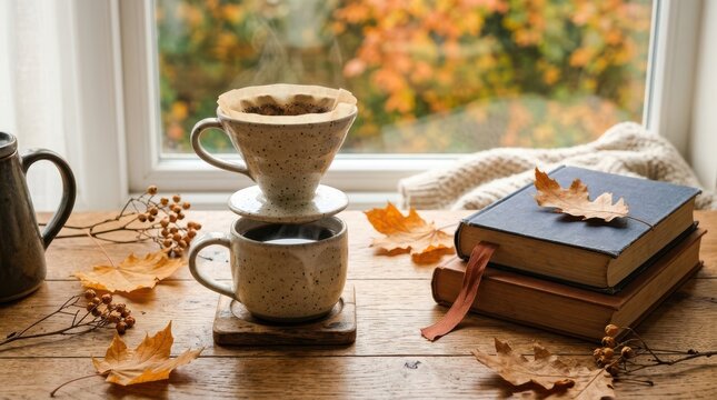 Manual coffee dripper on mug with books and autumn leaves on wooden table