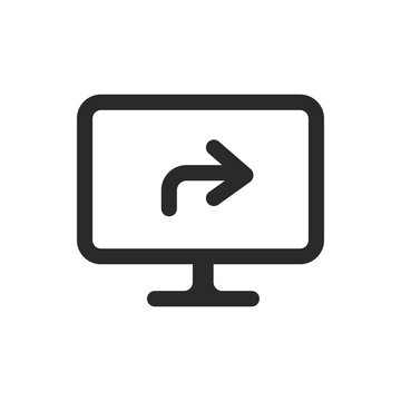 A clean black monitor icon with a forward return arrow, featuring smooth lines and a minimalist flat design for digital media interface use