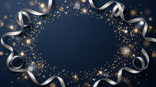 Silver ribbons and gold confetti framing on a dark blue background with central copy space